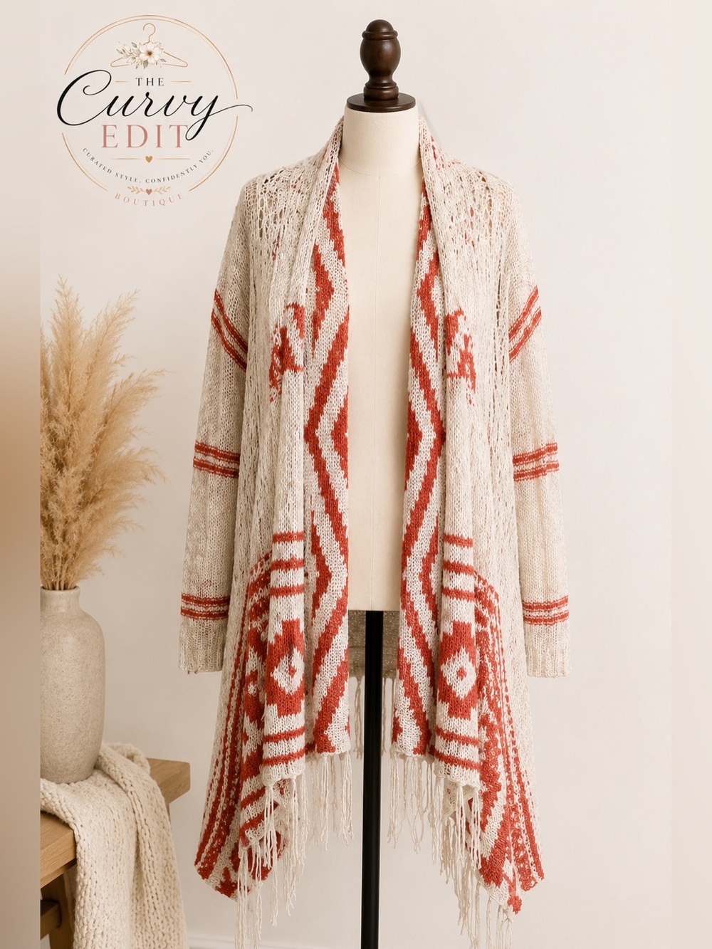 Torrid Size 2 Boho Fringe Aztec Open Front Cardigan Duster Cream Rust Western